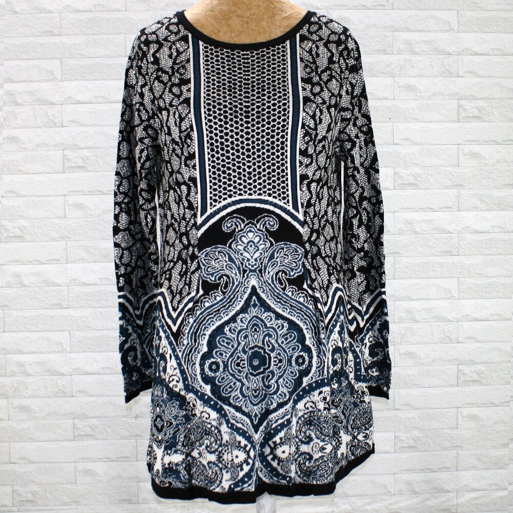 STYLE & CO Dress Sweater Knit Printed Fair Isle Long Sleeve Mini Teal Black M